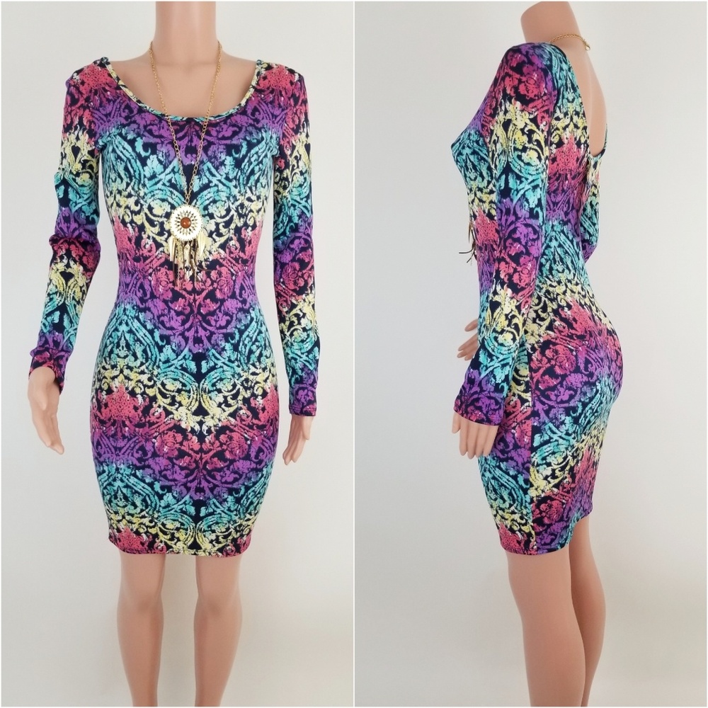 MULTICOLOR MINI LONG SLEEVES BODYCON DRESS